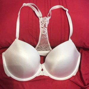 White, push-up, lace racer back bra.